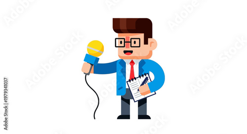 News reporter holding a microphone and notepad, ready to interview or report on events