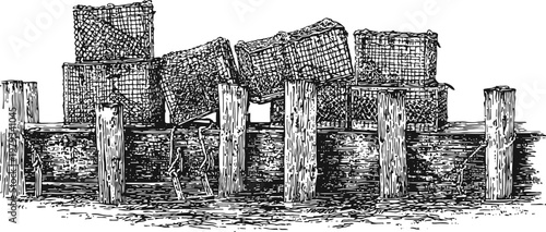 Old wooden pier with stacked lobster traps on dock, vintage fishing equipment illustration
