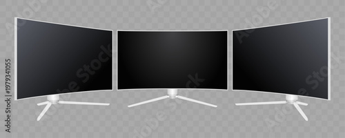 Curved Monitor and TV Mockup Set – Front, Side and Perspective Views of Modern 4K OLED Display Screens Vector on Transparent Background