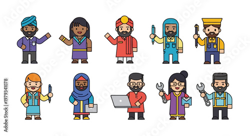 Diverse Group of Professional People Icons Representing Various Occupations and Global Cultures