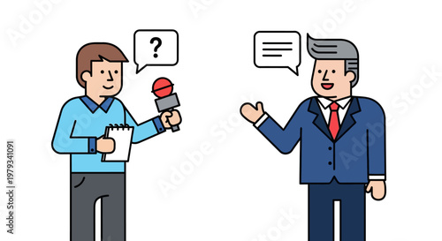 Journalist interviewing a businessman for news or an interview, illustration with speech bubbles and a question mark
