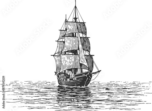 Vintage sailing ship with full sails on calm sea, classic wooden tall ship illustration