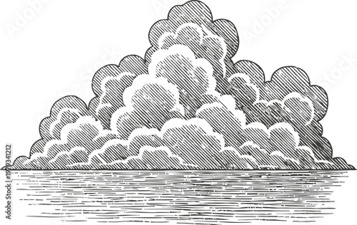 Hand drawn vintage cloud illustration above calm water surface in black and white engraving