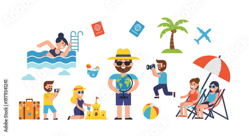 Summer Vacation and Travel Theme with People Enjoying Beach Activities and Traveling Around the World