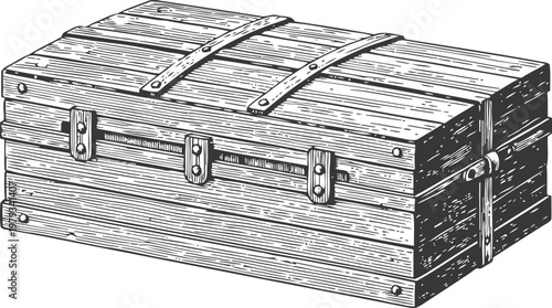 Vintage wooden chest with metal straps and lock, old rustic storage box illustration