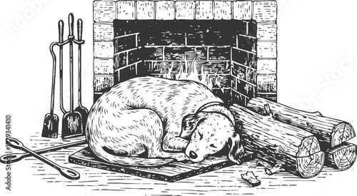 Cozy dog sleeping by the fireplace with firewood and fireplace tools in vintage illustration