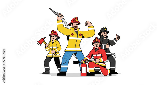 Dynamic Illustration of Professional Firefighters Demonstrating Heroism, Teamwork, and Essential Safety Gear