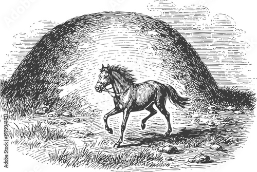 wild horse trotting in natural grassy landscape under cloudy sky, vintage ink drawing