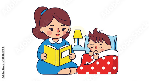 Caring mother reads an enchanting bedtime story from a book to her sleepy child resting in a cozy bed, a perfect peaceful night routine