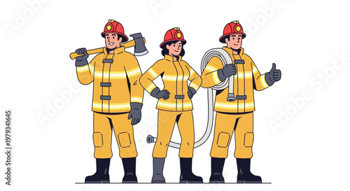 Professional Firefighting Team in Protective Gear Standing Ready for Emergency Response and Community Safety