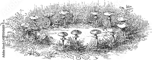 circle of mushrooms growing in grassy forest clearing surrounded by small plants and foliage