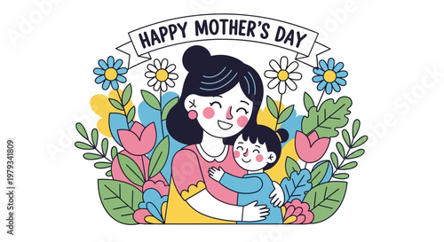 Heartwarming vector artwork portraying a loving mother and daughter embrace, surrounded by cheerful floral elements celebrating family joy and affection