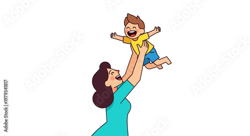 Joyful Mother Tosses Her Happy Child High Up In The Air With Love And Laughter