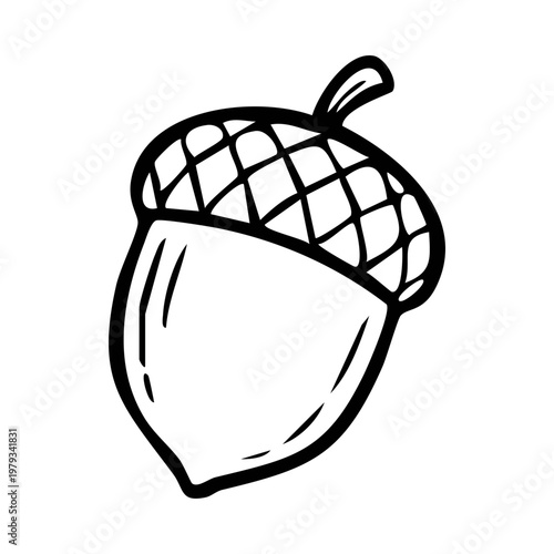 A simple black and white illustration of an acorn with a cap