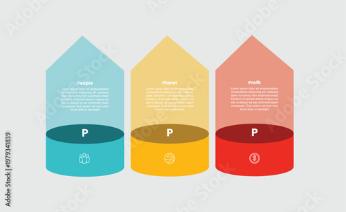 3P sustainability infographic template with 3d shape with arrow transparent on top with 3 points information flat style