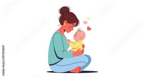 Tender maternal bond A loving mother cradles her newborn baby with affection, surrounded by floating hearts symbolizing unconditional love and care