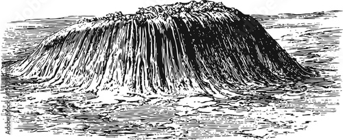 Active volcano erupting with flowing lava and smoke in detailed black and white engraving illustration