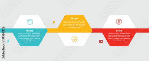 3P sustainability infographic template with hexagon base up and down on horizontal linked chain with 3 points information flat style