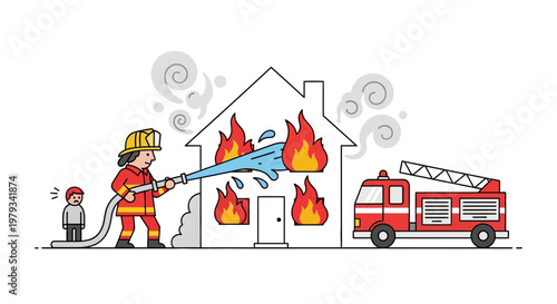 Firefighter battles blaze at house with ladder truck assisting