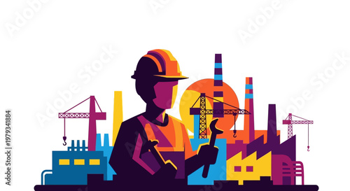Skilled Industrial Worker Silhouette Amidst a Bustling Factory Landscape, Symbolizing Urban Development and Manufacturing Prowess