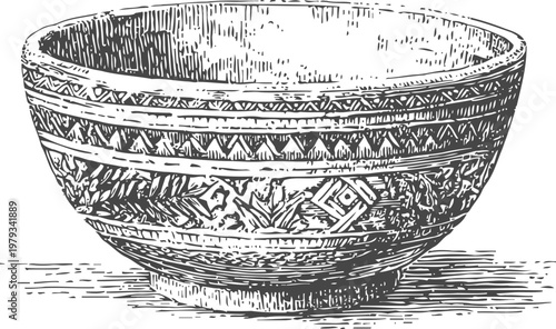 Ornate decorative bowl with detailed vintage patterns, antique ceramic dishware, hand drawn illustration