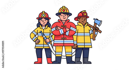 Diverse team of professional firefighters standing together with essential equipment, ready for emergency response and community safety support