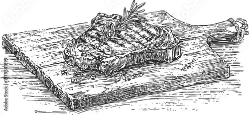Grilled steak on wooden cutting board with rosemary and seasoning, hand drawn vintage