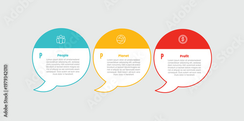 3P sustainability infographic template with big circle discussion commentary box with badge on top with 3 points information flat style