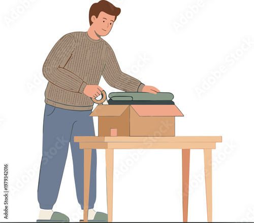 Man packing items into cardboard box on wooden table indoors