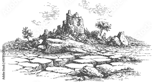 Drought cracked earth landscape with rocky formations and sparse vegetation in dry barren environment