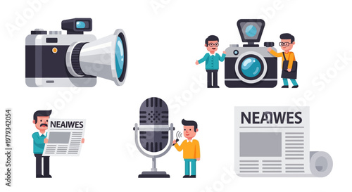 Collection of Icons Representing Media And News Production With Equipment and Professionals