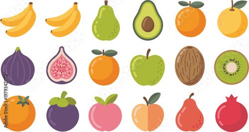 Fresh fruit collection set, flat organic food icons including banana, apple, orange and kiwi for healthy lifestyle vector