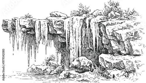 Rocky cliff with cascading waterfall and surrounding vegetation in natural landscape illustration