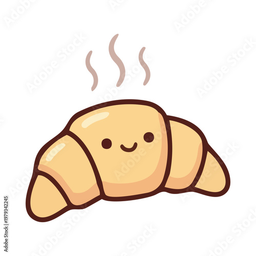 A cartoon croissant with a smiling face and steam rising from it on a white background
