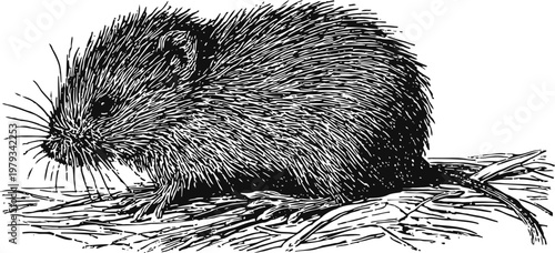 Black and white vintage illustration of a small mouse on dry grass detailed animal sketch, wildlife drawing