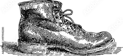 worn leather boot illustration vintage rustic footwear detailed engraving