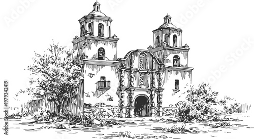 Historic mission church with twin bell towers surrounded by trees and shrubbery, black and white sketch