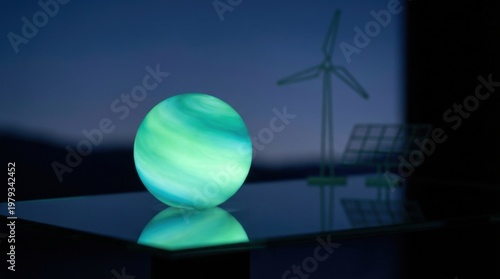 Vibrant green sphere resting on table emitting a soft glow representing nature and eco-friendly concepts