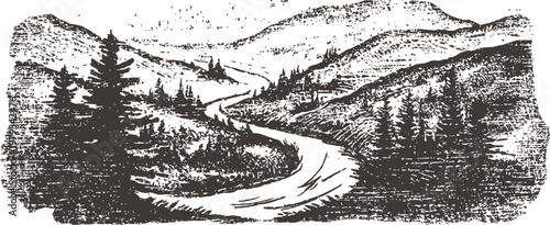 Winding river flowing through a pine forest in mountainous landscape vintage black ink sketch
