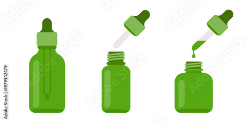 Green glass dropper bottles with pipettes on white background