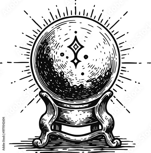 Vintage mystical crystal ball on ornate stand with glowing light rays, occult magic symbol design