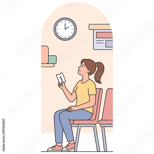 A woman sits on chair reading document in waiting room area