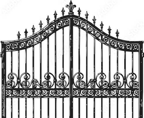 Wrought iron gate with decorative scrollwork and spearhead finials for entrance and security