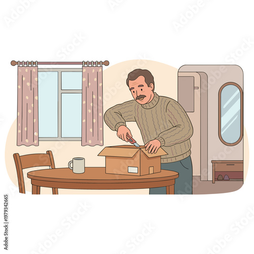 Man unpacking a box on a wooden table in a cozy room