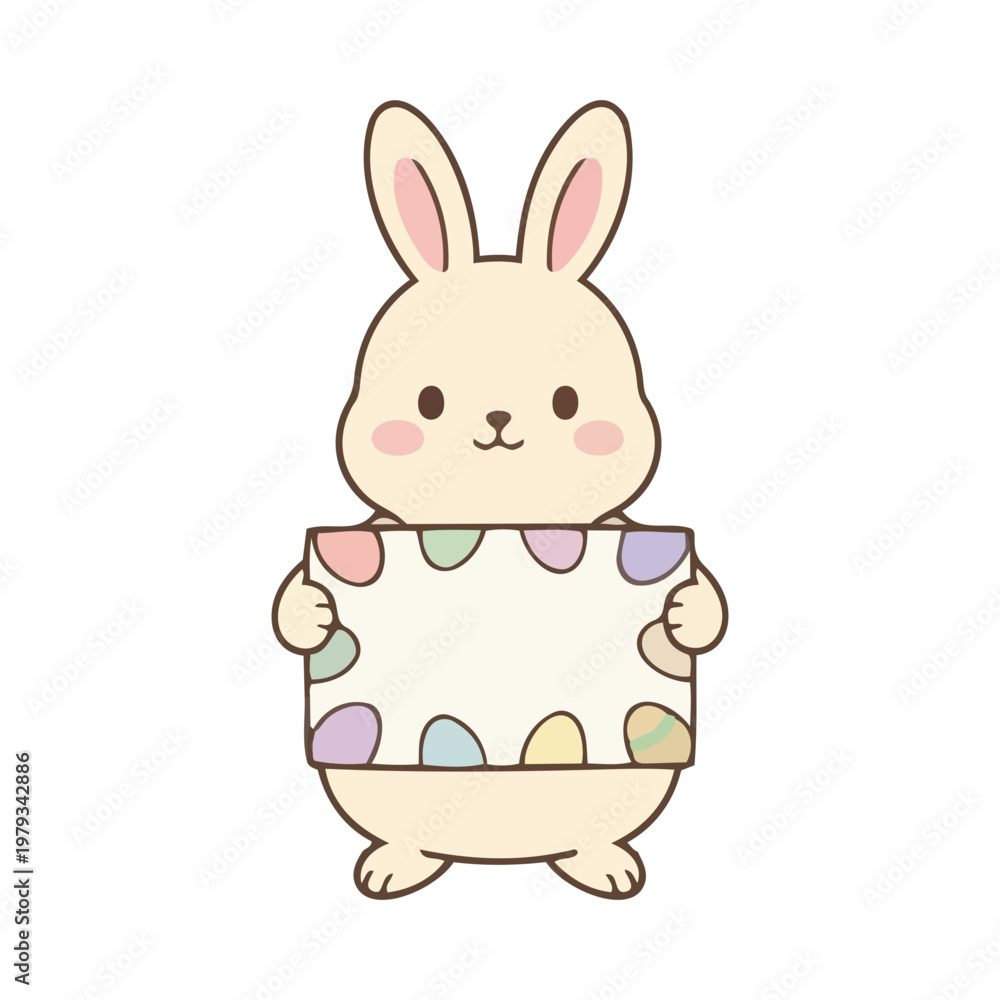 Obraz premium Cute cartoon bunny holding Easter eggs sign