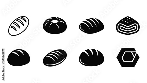 A collection of black and white vector illustrations depicting various types of bread and pastry shapes high quality professional detailed modern