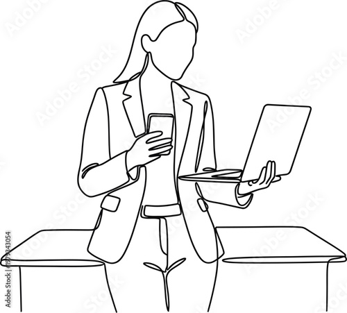 Corporate Woman Holding Laptop and Smartphone Continuous One Line Drawing