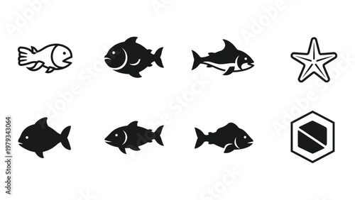 A collection of black and white line art icons depicting various fish species and a starfish arranged on a white background