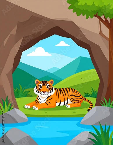Cartoon depiction of a tiger relaxing in a cave opening overlooking a green landscape with mountains and a flowing river