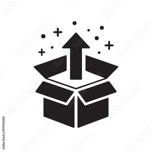 Minimalist product release icon, black cardboard box with upward arrow, unboxing and delivery concept vector, ecommerce shipping symbol